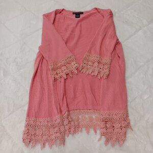 Design History pink open cardigan crochet lace trim size L